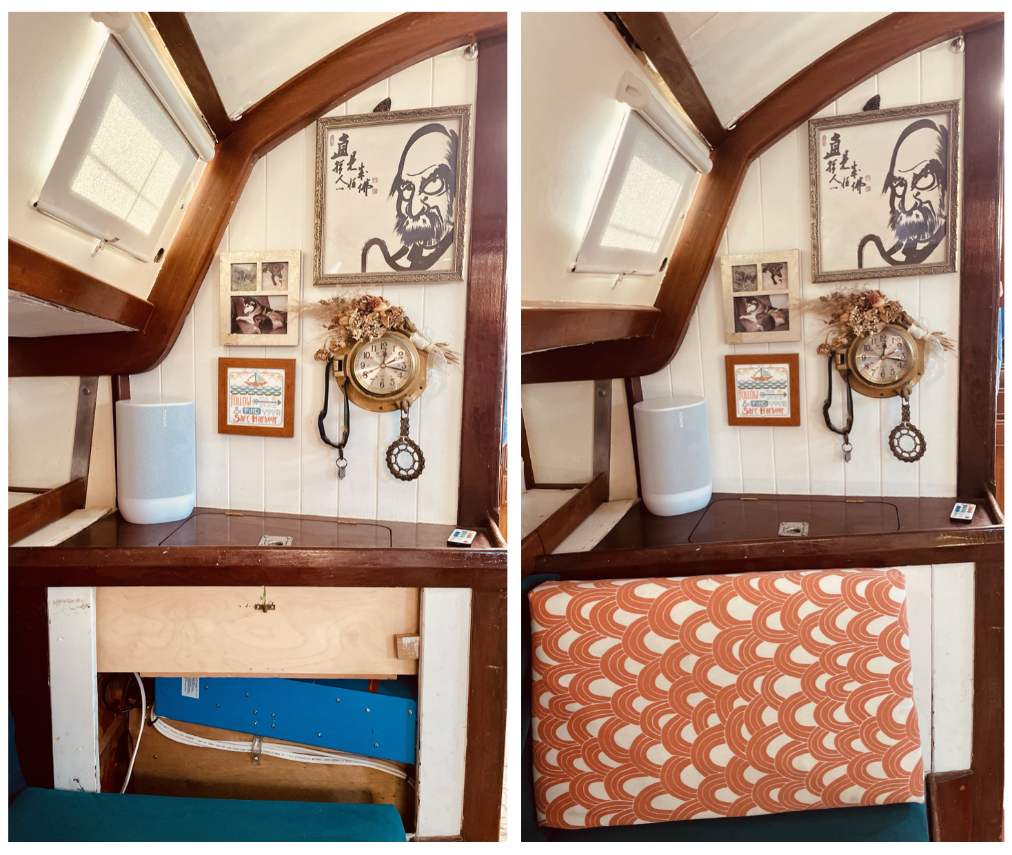 After removing the inverter from the bulkhead, we installed it in a hidden compartment, shown bottom left. (Photo/ Jaclyn Jeffrey)